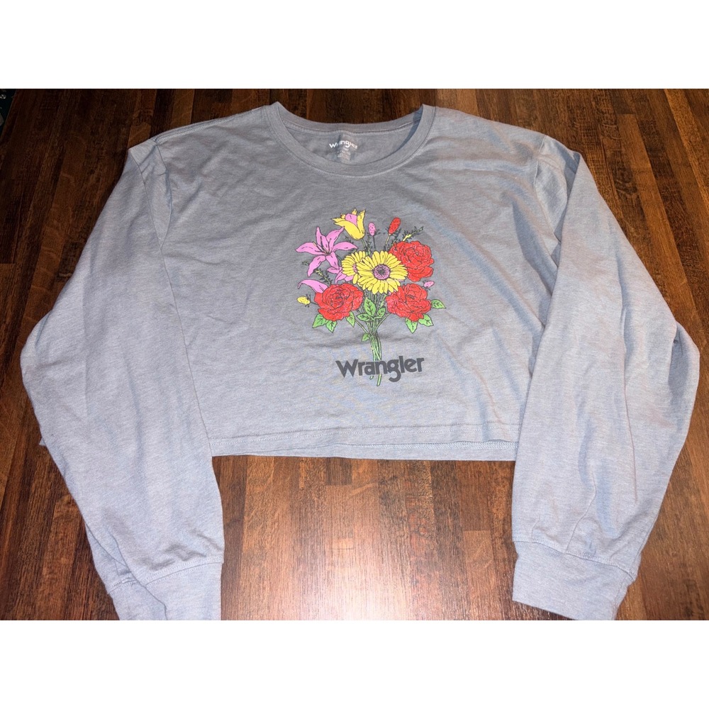 Wrangler‎ Womens XL Gray Floral Graphic Long Sleeve Crop Top T-Shirt Heathered